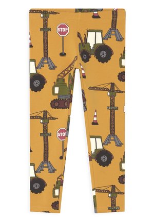 Žluté legíny s potiskem stavebních témat, zobrazující traktory, jeřáby a stopky v výrazných barvách. Vyrobené z měkkého, elastického materiálu.