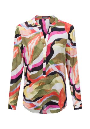 Bunt gemusterte Shirt mit Knöpfen, das eine Mischung aus fließenden abstrakten Mustern in Rot, Pink, Grün und Schwarz zeigt, mit Stehkragen und langen Ärmeln.