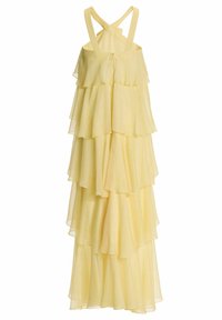 Robe en chiffon jaune clair à volants avec bretelles croisées sur les épaules et fermeture éclair au dos.