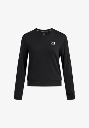 Schwarzes Sweatshirt aus weichem Stoff mit langen Ärmeln, rundem Halsausschnitt und schmalem Saum. Mit einem kleinen weißen Logo auf der Brust.