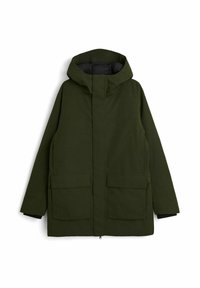 Olivgrön huva parkajacka med dragkedja, två stora framfickor och en avslappnad design med en slät yta.