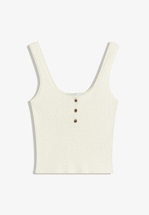 Débardeur à côtes crème avec un décolleté carré, comportant trois boutons marron centrés à l'avant. Tissu tricoté extensible et design ajusté.