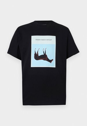 Black T-shirt with a centered upside-down brown horse illustration on a blue square and the text "UPSIDE DOWN HORSE" above it.