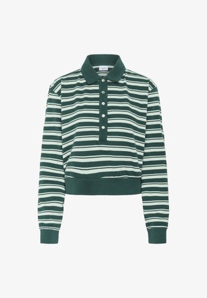 Zaļi un balti svītrains garās piedurknes polo krekls ar tumši zaļu apkakli, aizpogājamu piedurkni un ribotiem manžetēm un apakšmalu.