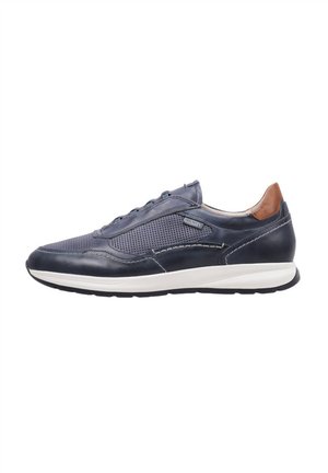 Zapatilla de cuero navy con paneles de malla, acentos cosidos y un tacón marrón. Presenta una suela de goma blanca y un diseño de punta redonda.