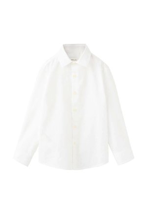 Weißes, langärmliges Hemd mit Knöpfen, Kragen, fünf Knöpfen vorne und klassischem Schnitt, auf weißem Hintergrund dargestellt.