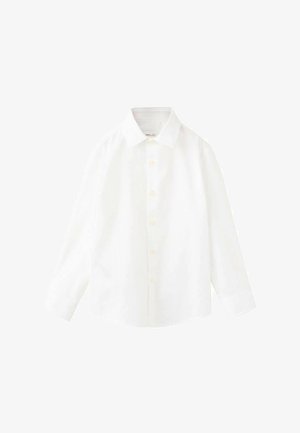 Bele srajce z dolgimi rokavi, z gumbi spredaj, ovratnikom in klasičnim krojem, predstavljena na enobarvnem belem ozadju.