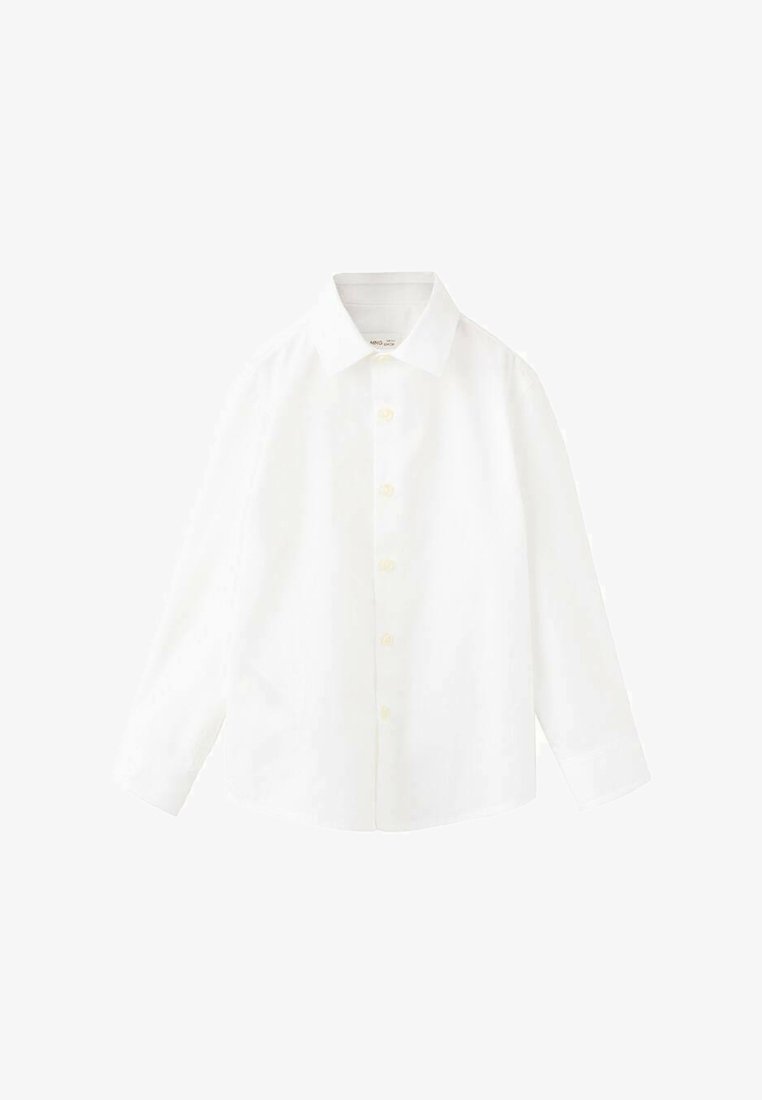 Bijela košulja dugih rukava s gumbima, ovratnikom, pet gumba sprijeda i klasičnim krojem, prikazana na jednostavnoj bijeloj pozadini.