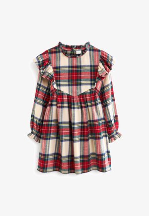 Robe à manches longues pour enfant à carreaux rouges, verts, bleus et crème, avec un col et des épaules à volants, et une taille froncée.