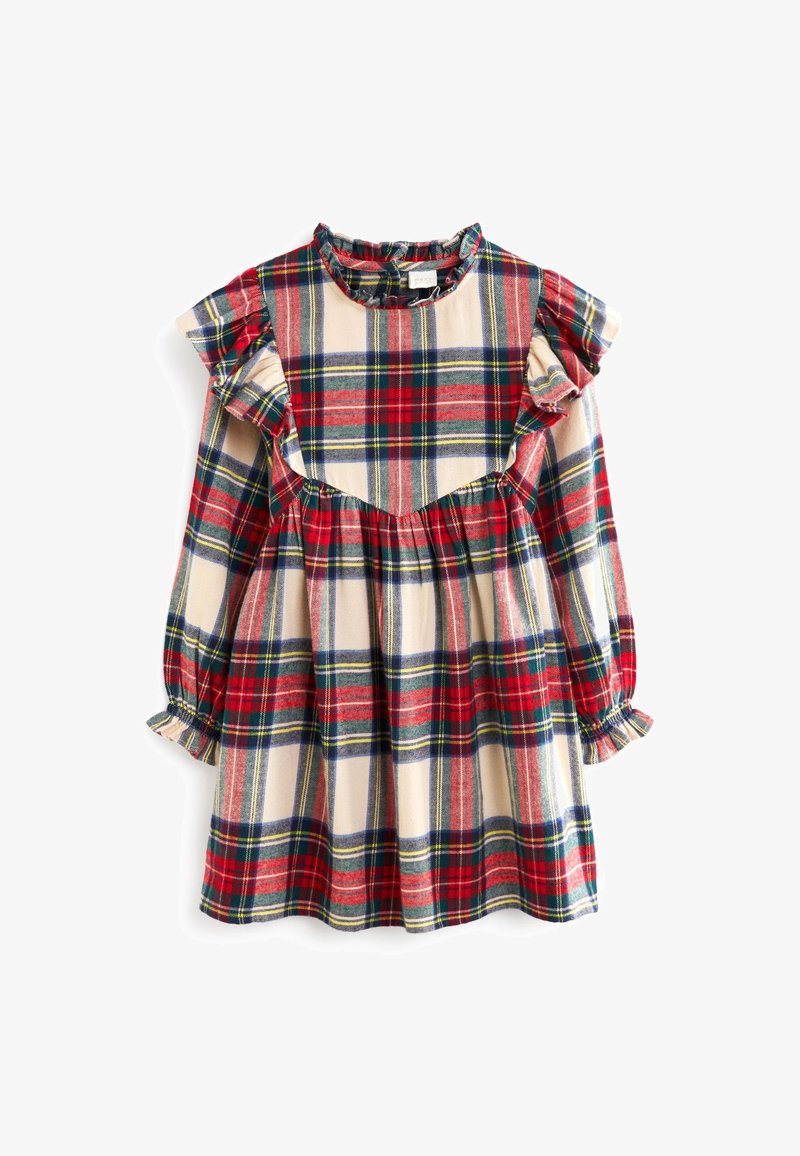Robe à manches longues pour enfant à carreaux rouges, verts, bleus et crème, avec un col et des épaules à volants, et une taille froncée.