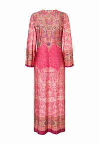 Maxikleid mit langen Ärmeln, verziert mit komplexen Paisley-Mustern in Pink, Orange und Lila sowie dekorativen Bordüren an Ärmeln und Saum.