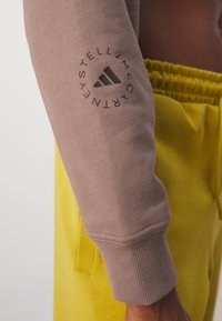 Rukáv světle hnědé mikiny s kruhovým logem Adidas by Stella McCartney nad žlutými elastickými kalhotami v pase.