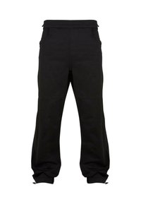 Black jogger pants made of cotton blend fabric with a drawstring waist, side pockets, and elastic cuffs at the ankles.