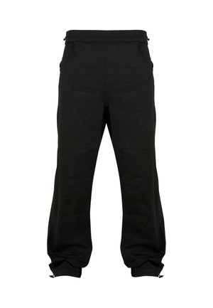 Black jogger pants made of cotton blend fabric with a drawstring waist, side pockets, and elastic cuffs at the ankles.