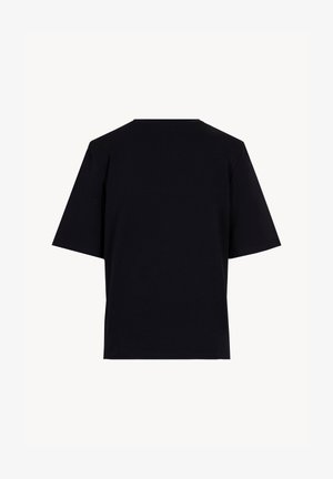 Zwart t-shirt met korte mouwen en ronde hals, gezien van achteren tegen een witte achtergrond.