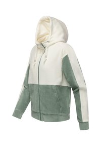 Giacca con cappuccio e zip, design a coste crema e verde, dotata di cappuccio foderato e lacci, due tasche frontali e polsini a costine.