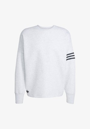 Vaaleanharmaa pyöreäkauluksinen collegepaita, joka on valmistettu puuvillasekoitteesta. Sisältää raglan-hihat ja kolme mustaa raitaa vasemmassa hihassa. Pieni logo-yksityiskohta.