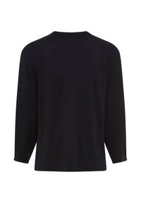 Maglione nero a maniche lunghe con scollo rotondo, realizzato in un tessuto morbido. Presenta una vestibilità comoda e dettagli con polsini a coste. Solo vista posteriore.