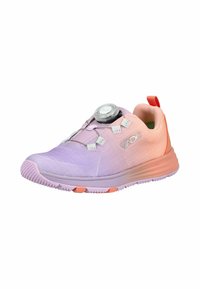 Zapatilla deportiva con degradado en tonos púrpura y rosa, sistema de cordones con dial, suela texturizada y logo de la marca VANDI en el lateral.