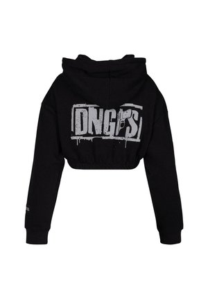 Schwarzer, kürzer geschnittener Hoodie mit einer Kapuze und Kordelzügen. Verfügt über einen großen weißen Grafikdruck mit der Aufschrift "DNGS" auf dem Rücken und gerippten Bündchen.