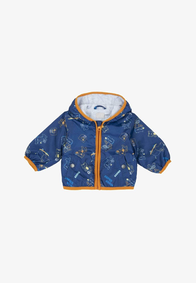 Chaqueta acolchada de color azul marino con ribetes naranjas, que presenta ilustraciones de animales y juguetes. Con cierre de cremallera, dos bolsillos con botón y capucha.