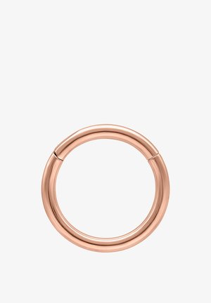 Circular rose gold hoop earring with a smooth, polished surface and a hinged closure, shown against a white background.