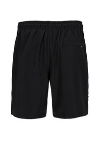 Schwarze Schwimmshorts aus leichtem Material, mit elastischem Bund und einer einzigen Gesäßtasche mit einem kleinen Logosticker.