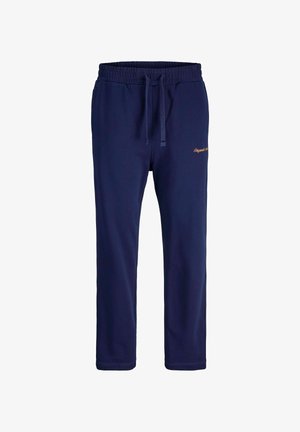 Mornarsko modri trenirki iz mehkega blaga, z elastičnim pasom in vrvico ter izvezenim besedilom na levem stegnu.