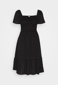 Schwarzes Baumwollkleid mit quadratischem Ausschnitt, kurzen Puffärmeln, smockierten Oberteil und einem knöchellangen Rock mit Rüschensaum.