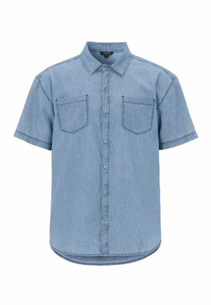 Lichtblauw kortärmelig denim overhemd met knoopsluiting aan de voorkant, twee borstzakken en een puntige kraag.