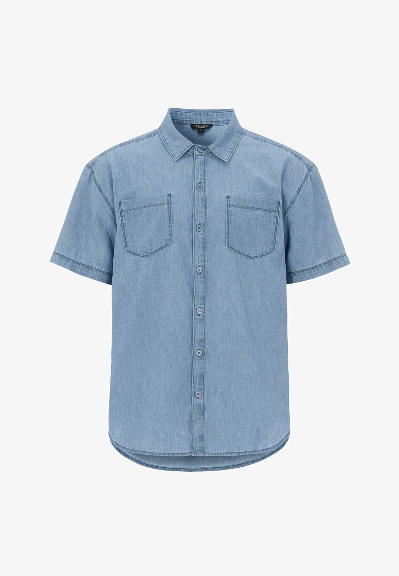 Light blue short-sleeve denim shirt with button front, two chest pockets, and a pointed collar.