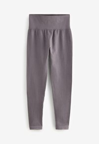 Grå ribbede leggings med en bred elastisk talje, der har en tætsiddende pasform og glat tekstur, der tapter ned til anklen uden mønstre.