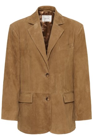 Brown suede blazer with a notched collar, single button closure, two front pockets, and a sleek silhouette. Smooth interior lining.