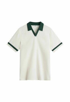 Polo blanc à manches courtes avec col vert foncé et rayures vertes assorties près des extrémités des manches, taille moyenne.