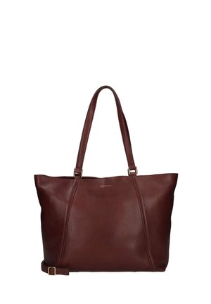 Große dunkelbraune Ledertasche mit zwei langen Griffen und einem kleinen verstellbaren Riemen, schlichtes Design mit dezentem Markenlogo auf der Vorderseite.