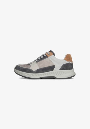 Grijze en beige sneaker met materialen van suède, mesh en leer. Heeft een laag profiel ontwerp, contrasterende accenten en een gestructureerde zool.