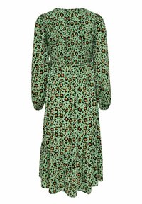 Grünes Leoparden-Muster-Kleid mit einem gerafften Rücken, langen Ärmeln und rüschigem Saum. Leichter Stoff mit einem fließenden, lockeren Schnitt.