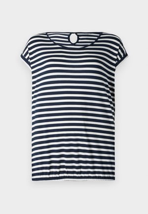 Tricou cu dungi bleumarin și alb, mâneci scurte, decolteu rotund cu detaliu tip cheiță la spate, cu tiv ușor gathered.