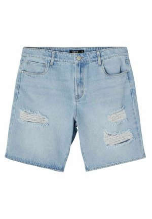 Lyseblå denimshorts med slidte revner på venstre og højre lår, forreste knap og lynlås samt forlommer.