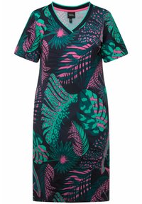 Sukienka t-shirtowa na ciemnym tle z żywymi zielonymi i różowymi wzorami tropikalnych liści. Posiada dekolt w serek i krótkie rękawy.