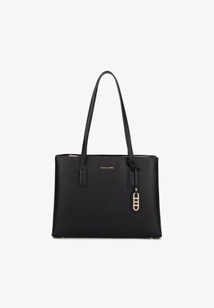Borsa a tracolla nera con finitura testurizzata, due manici robusti e hardware in tonalità oro. Include un'etichetta con logo e una chiusura con zip per uno stoccaggio sicuro.