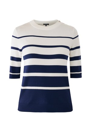 Maglione a maniche corte con righe blu navy e bianche in cotone, con scollo e orlo a coste, caratterizzato da dettagli con bottoni sulla spalla.