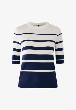 Maglione a maniche corte con righe blu navy e bianche in cotone, con scollo e orlo a coste, caratterizzato da dettagli con bottoni sulla spalla.
