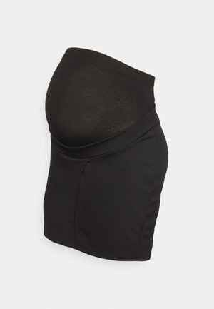 Saia de maternidade preta, design ajustado, tecido elástico, textura suave, comprida acima do joelho, com uma cintura larga e confortável.