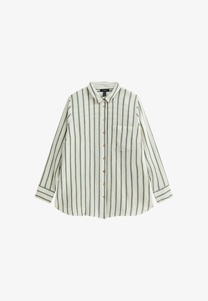 Green and white striped button-up shirt with a collar, long sleeves, and a front chest pocket. Textured fabric with wooden buttons.