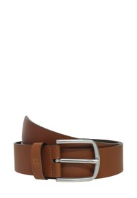 Cintura in pelle marrone con fibbia in metallo argentato. Presenta una consistenza liscia e un design classico. Include dettagli di cucitura sottili vicino alla fibbia.