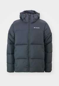 Schwarze Pufferjacke mit Kapuze, mit durchgehendem Reißverschluss, gestepptem Design und elastischen Bündchen. Logo auf der linken Brustseite. Weicher, isolierter Stoff.