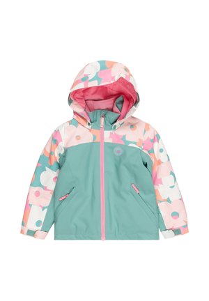 Veste imperméable avec capuche, présentant une base vert menthe avec des motifs géométriques roses et multicolores, fermeture éclair à l'avant et poches latérales.