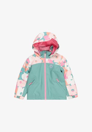 Chaqueta impermeable con capucha, de base verde menta con patrones geométricos rosas y multicolores, cremallera frontal y bolsillos laterales.