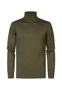 Maglione a collo alto verde oliva in tessuto a maglia. Design aderente con maniche lunghe e polsini e orlo a costine. Textura liscia senza motivi.
